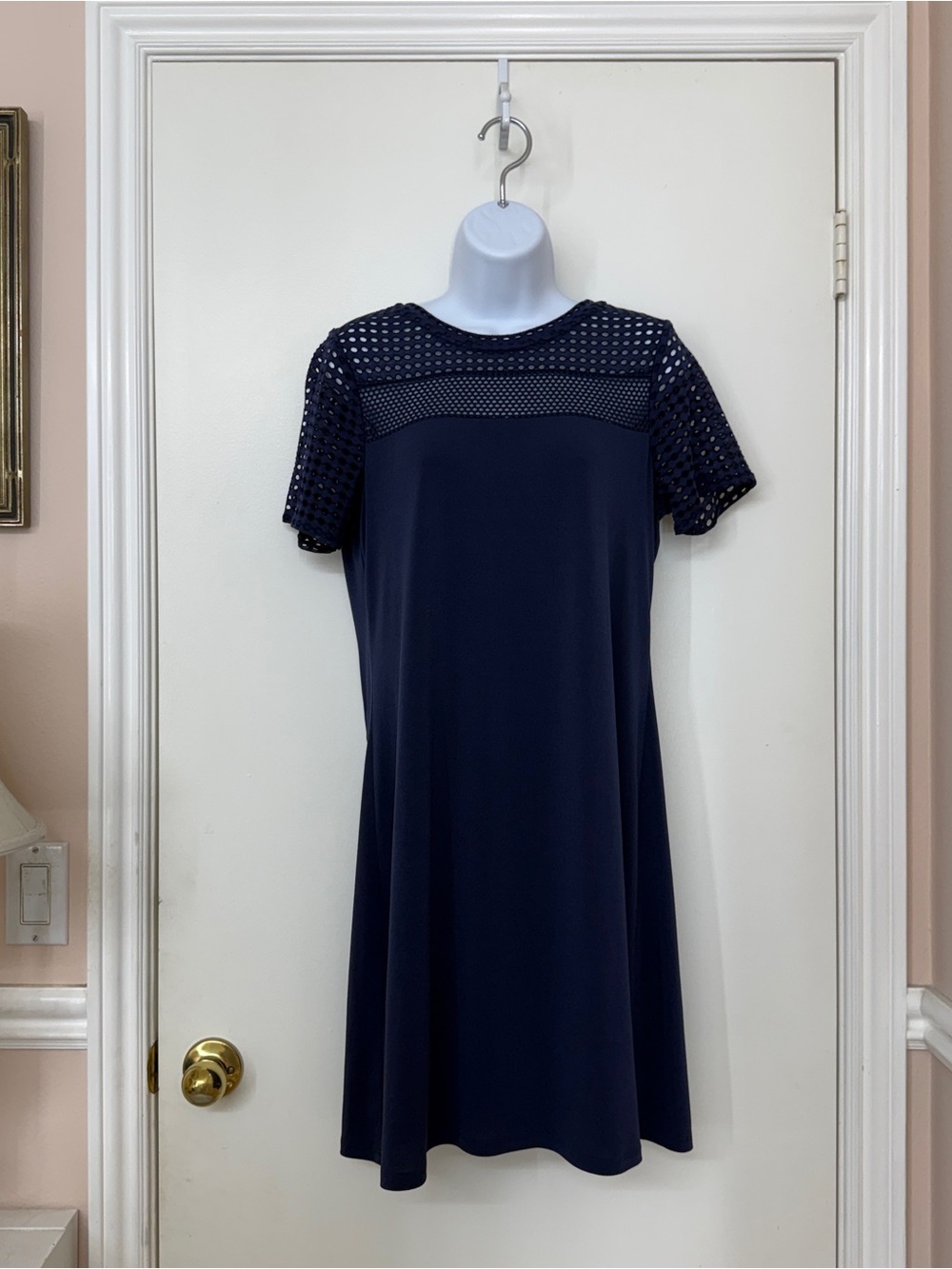 Michael Kors Womens Navy Blue Shift Dress Size M Eyelet Mesh Midi Dress